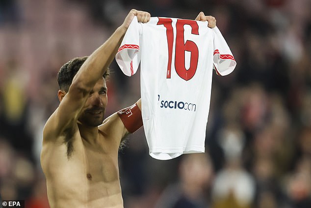 The winger could not hold back his tears in front of fans at the Ramon Sanchez Pizjuan Stadium