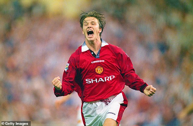 Beckham, pictured back in 1996, played 394 times for Man United between 1992 and 2003