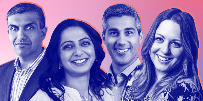 headshots of Anil Chakravarthy, Kady Srinivasan, Kabir Shahani, and Ashley Deibert on a pink background