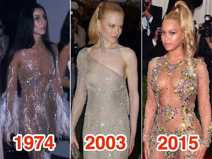 A side-by-side of Cher, Nicole Kidman, and Beyonce wearing daring outfits.