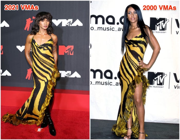 Bretman Rock (left) at the 2021 VMAs and Aaliyah (right) at the 2000 VMAs.