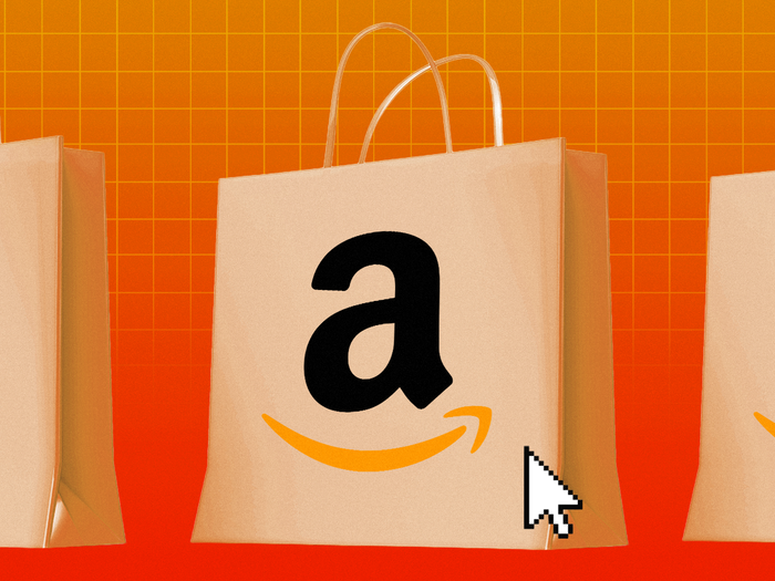 Shopping bags with the Amazon logo in front of an orange grid background