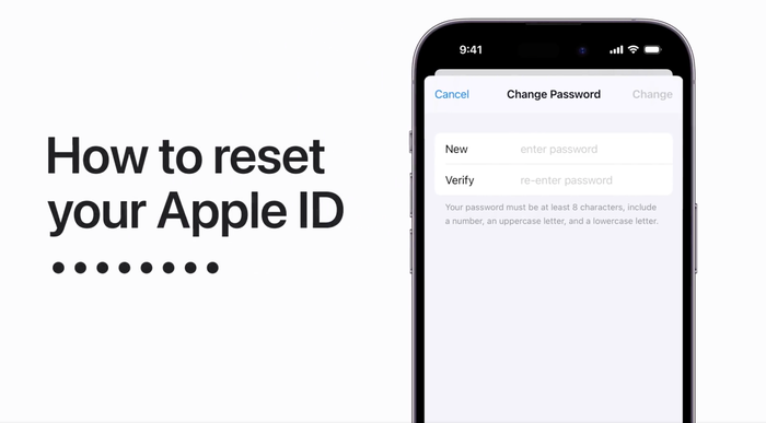 Apple Support's advertisement of Apple ID reset feature. An iPhone is shown with the "Change Password" screen visible.