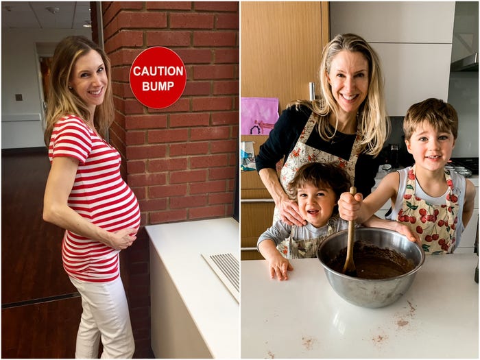 The author while pregnant on the left, wearing a red and white striped top and white pants, in front of a sign that says, "CAUTION BUMP" in capital letters. The author and her kids baking in a kitchen stirring a bowl of chocolate batter on the right.