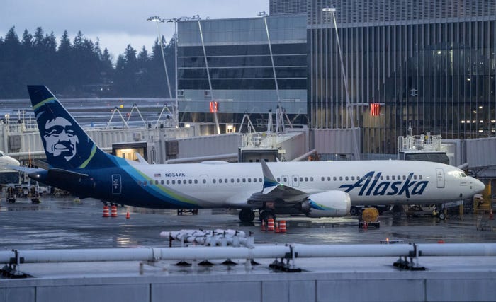 An Alaska Airlines Boeing 737 MAX 9 plane sits at a gate at Seattle-Tacoma International Airport on January 6, 2024 in Seattle, Washington.