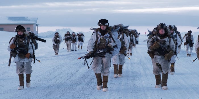 U.S. Soldiers assigned to 1st Infantry Brigade Combat Team, 11th Airborne Division, move to their objective outside of Utqiagvik, Alaska as part of Joint Pacific Multinational Readiness Training Center 24-02, Feb. 15, 2024.