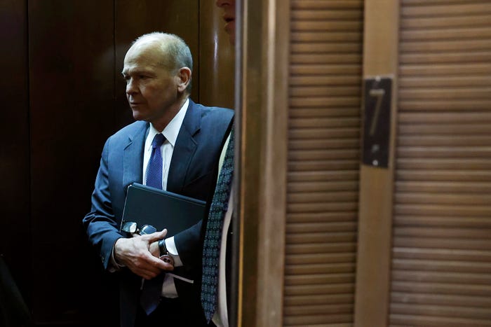 Boeing CEO Dave Calhoun departs from a meeting at the office of Sen. Mark Warner (D-VA) on Capitol Hill January 24, 2024 in Washington, DC.