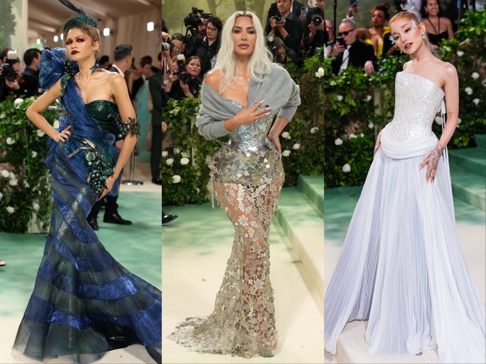 Split Image: From left to right, Zendaya, Kim Kardashian, and Ariana Grande at the 2024 Met Gala.