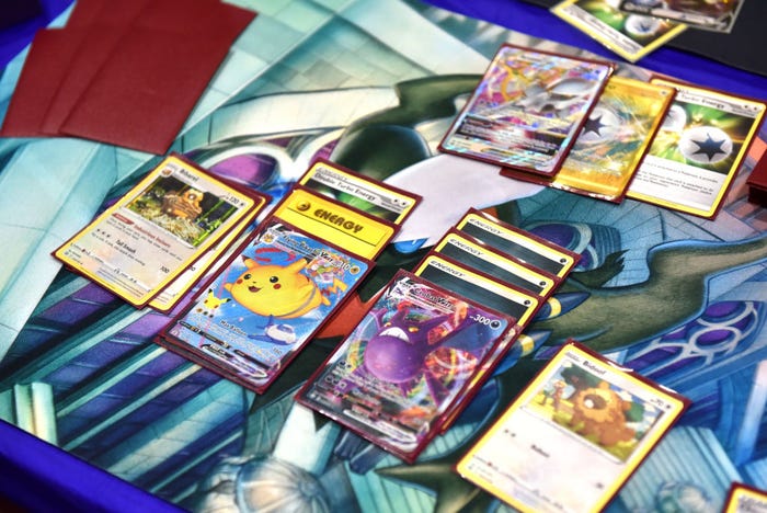 A deck of Pokémon trading cards, seen in London in August 2022.