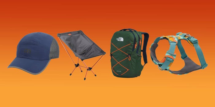 rei anniversary sale product roundup including the outdoor voices swift hat, rei flexlite camp chair, the north face jester backpack, and ruffwear front range dog harness