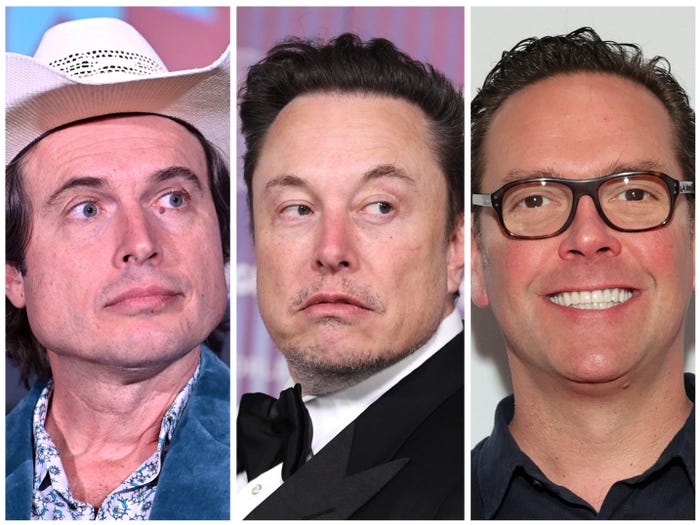 A photo stitch of Kimbal Musk, Elon Musk, and James Murdoch