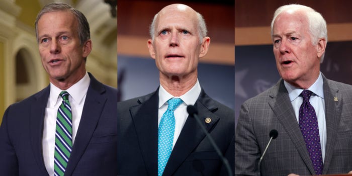 From left: Sens. John Thune, Rick Scott, and John Cornyn are all officially running to succeed Mitch McConnell.