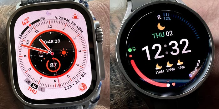 The Apple Watch Ultra 2 and Samsung Galaxy Watch5 Pro side-by-side worn on wrists.