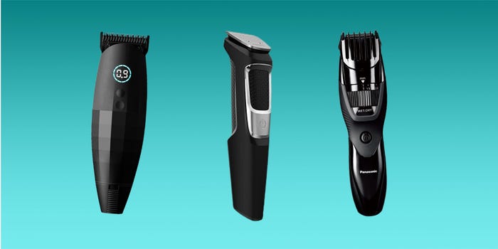 A composite image of the best beard trimmers on a gradient teal background.