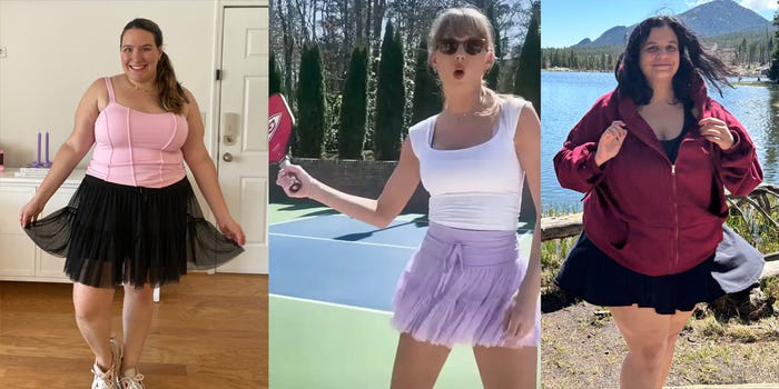 two women wearing popflex skirts, next to a screenshot of Taylor Swift wearing the same skirt