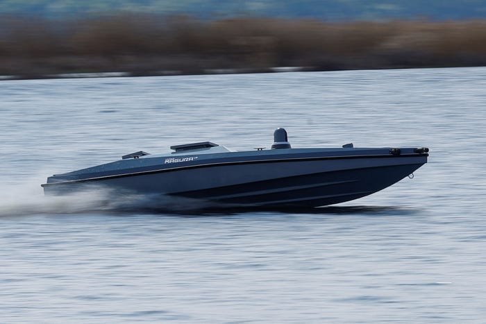 A Ukrainian Magura V5 drone is seen on water during an exhibition of military equipment and weapons at an undisclosed location on April 13, 2024.