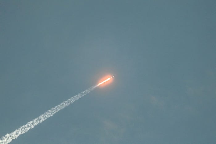 A SpaceX Falcon 9 rocket carrying 21 second-generation Starlink satellites launching from Space Launch Complex 40 at NASA's Kennedy Space Center, in Cocoa Beach, Florida