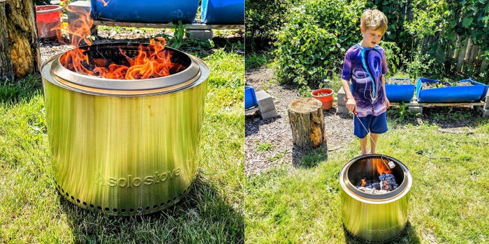 Side-by-side of the Solo Stove Bonfire 2.0 fire pit on grass and a kid roasting marshmallows over it.