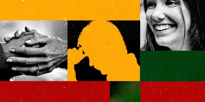 A photo collage featuring a deconstructed Lithuanian flag, a young woman smiling, a silhouette of a frustrated person, and two hands holding each other