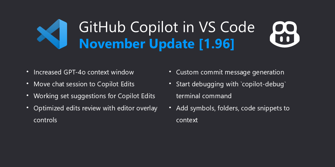 A list of the GitHub Copilot updates in the November VS Code release.