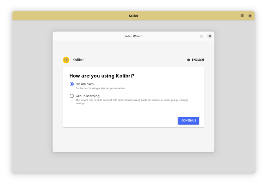 A screenshot of the Kolibri GNOME app after starting for the first time. It is displaying a setup wizard, which appears as a dialog. The wizard starts with the title "How are you using Kolibri?", with two choices: "On my own" and "Group learning".