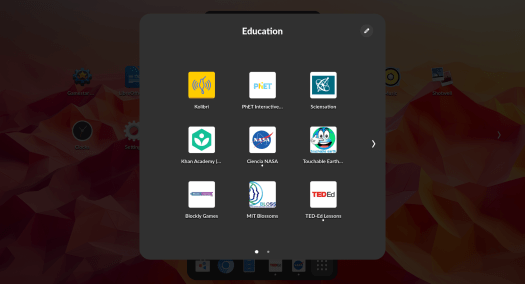 A screenshot of the Endless OS app grid, which is very similar to the GNOME Shell app grid. It shows an Education folder, expanded, with several education apps displayed: "Kolibri", "PhET Interactive Simulations", "Sciensation", and more. Some of the apps are marked as running. It is apparent from the names and icons that these apps all refer to specific channels inside Kolibri.