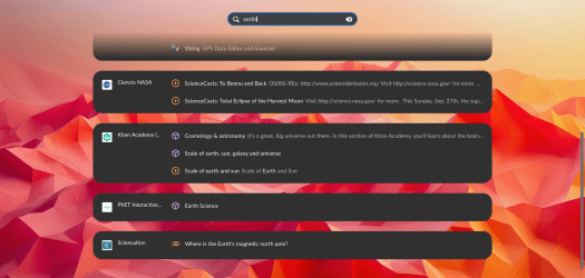A screenshot of Endless OS, showing search results after entering "earth" in the search bar. The result is similar to the previous screenshot, except the same search results are spread over several different apps. Instead of results for Kolibri, they are results for Ciencia NASA, Khan Academy, PhET Interactive Simulations, and Sciensation.