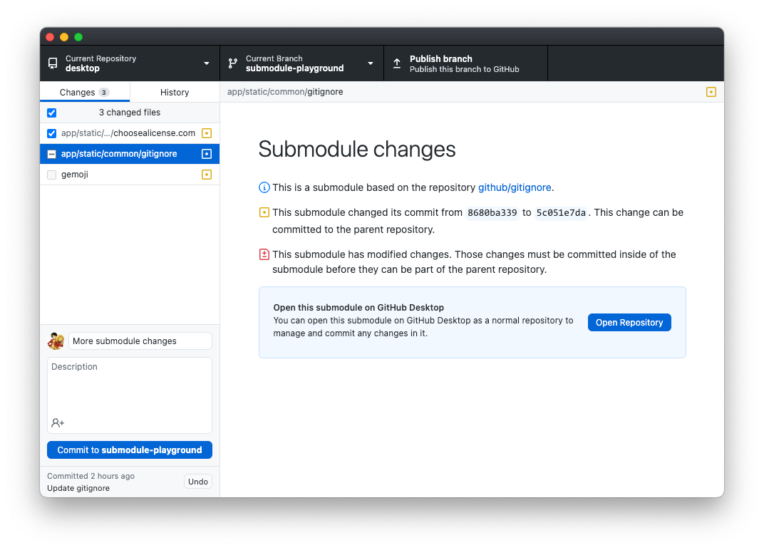 Screenshot of GitHub Desktop displaying a submodule diff