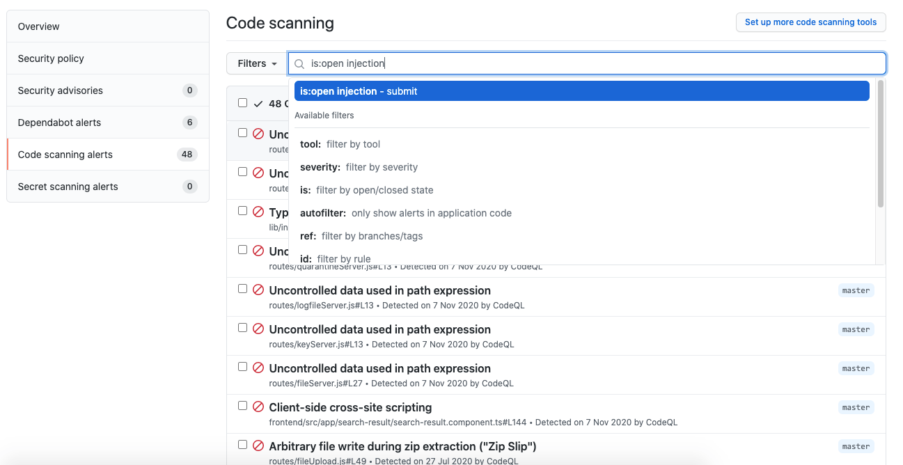 Free text search on code scanning alerts