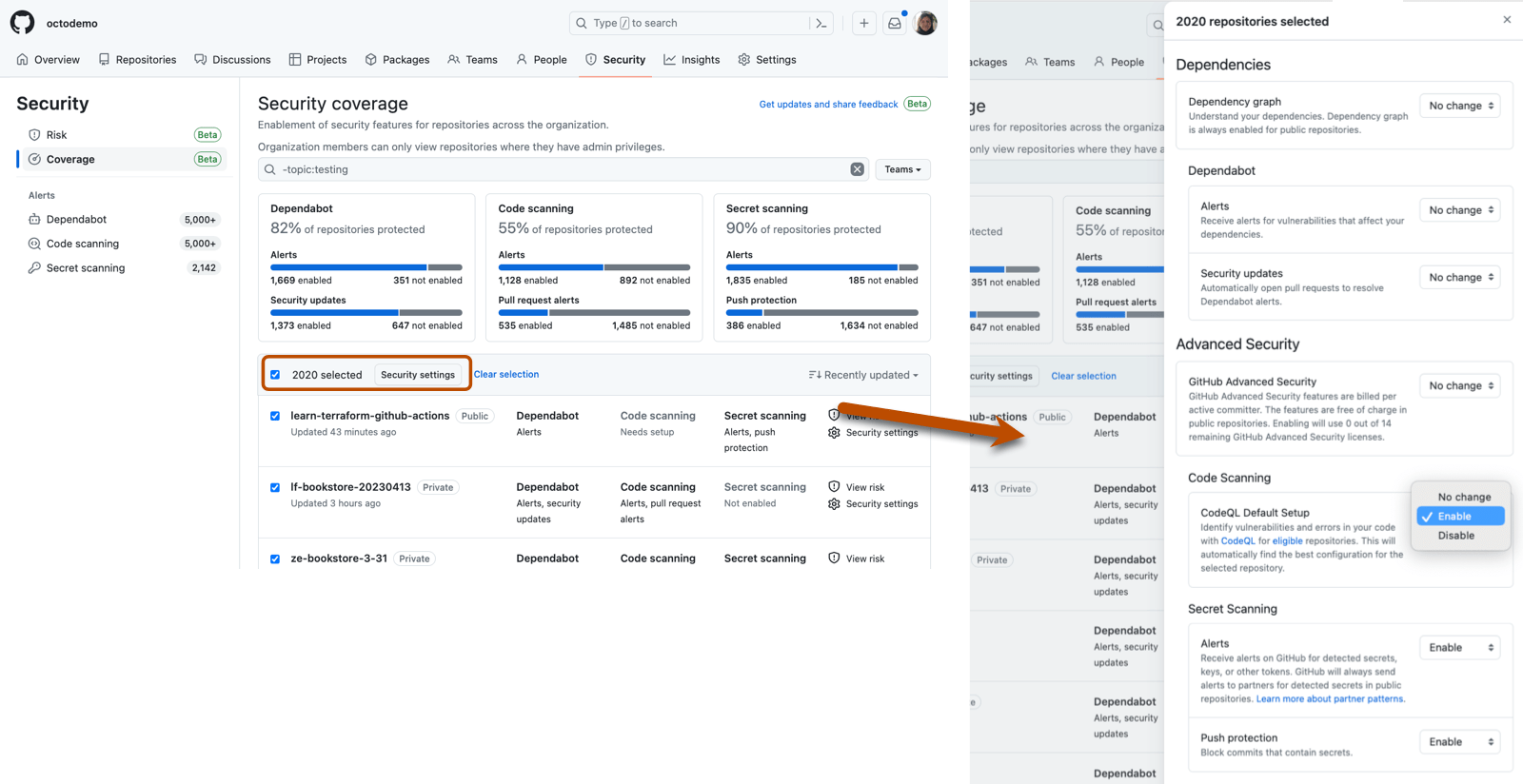 multi-repository enablement panel on security coverage page