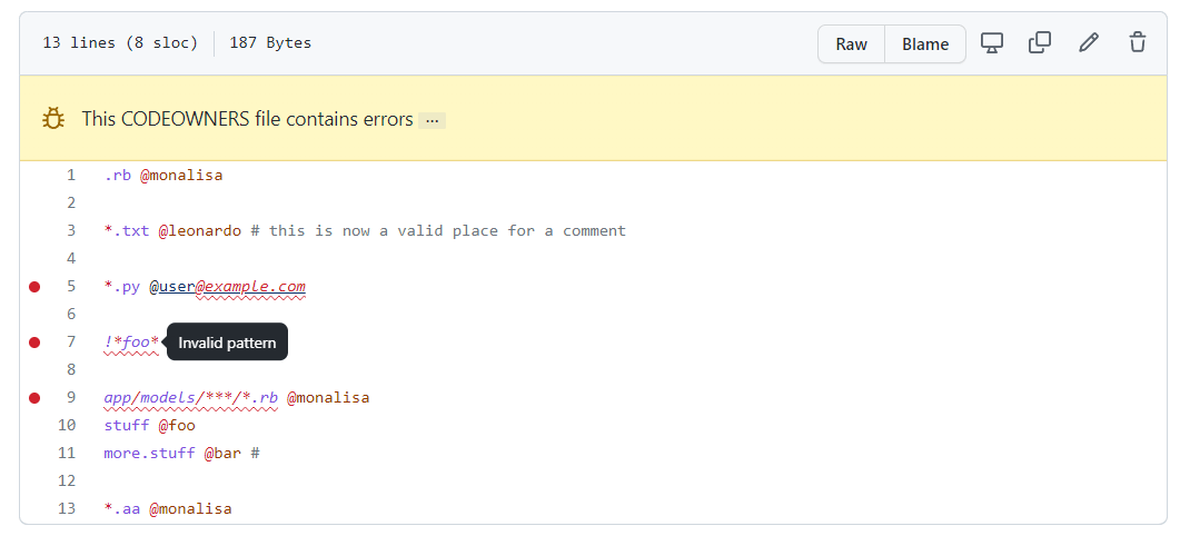 Screenshot of a CODEOWNERS file with errors