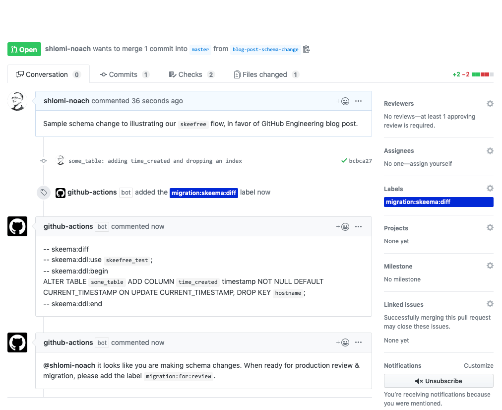 The GitHub Action, running skeema, generates schema diff output, which is added as a comment to the Pull Request. The comment presents the correct ALTER statement implied by the code change. This comment is both human and machine readable.