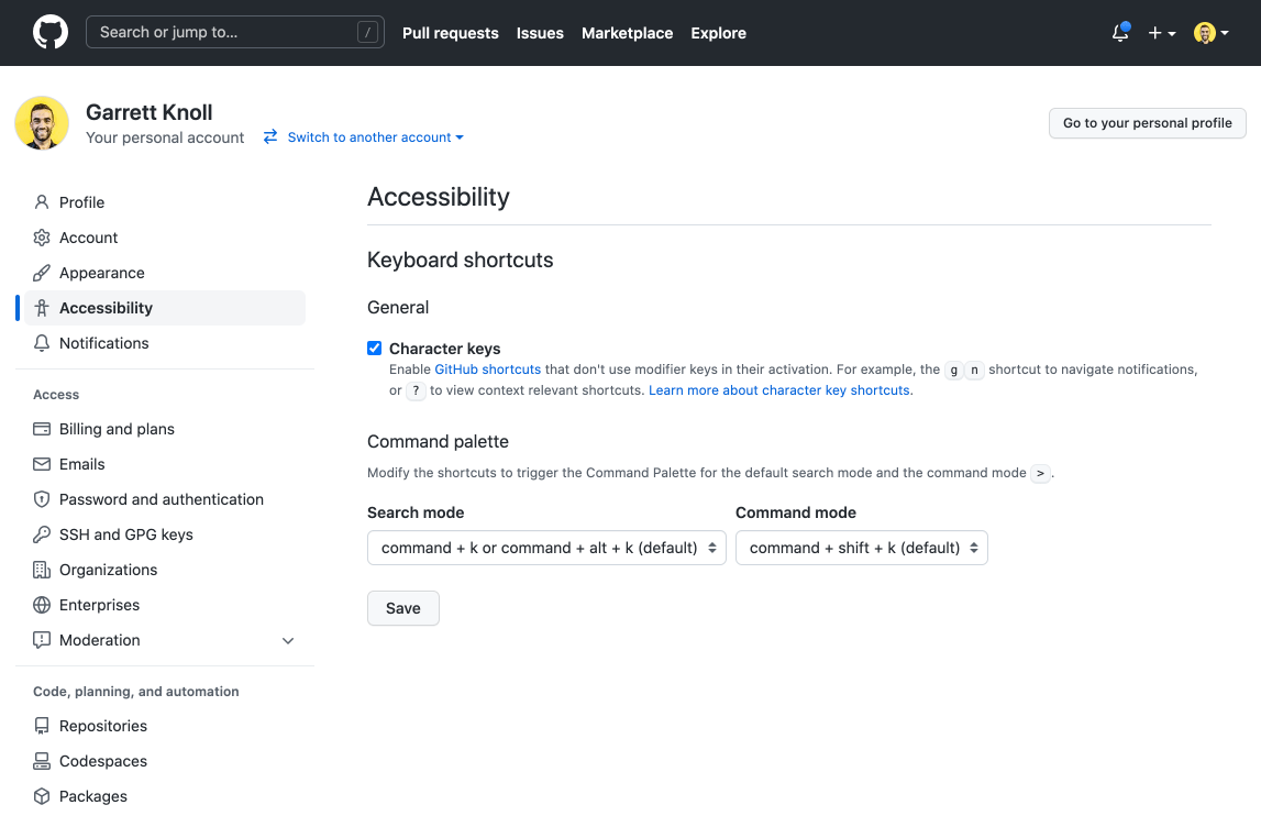 Command palette keyboard shortcut settings