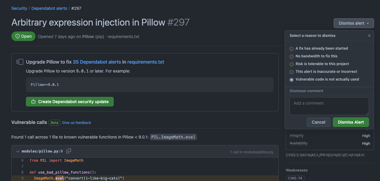 Dependabot alert optional dismissal comment