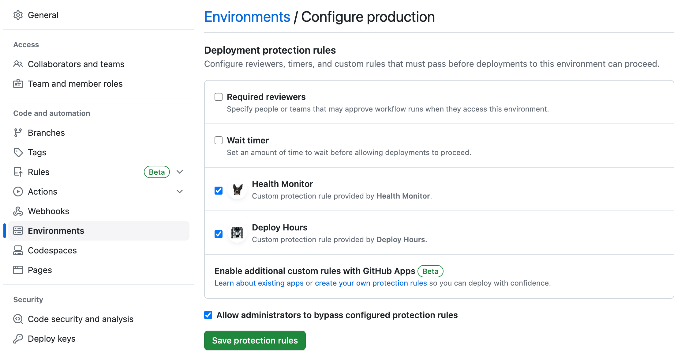 Two custom deployment protection rules enabled on a production environment