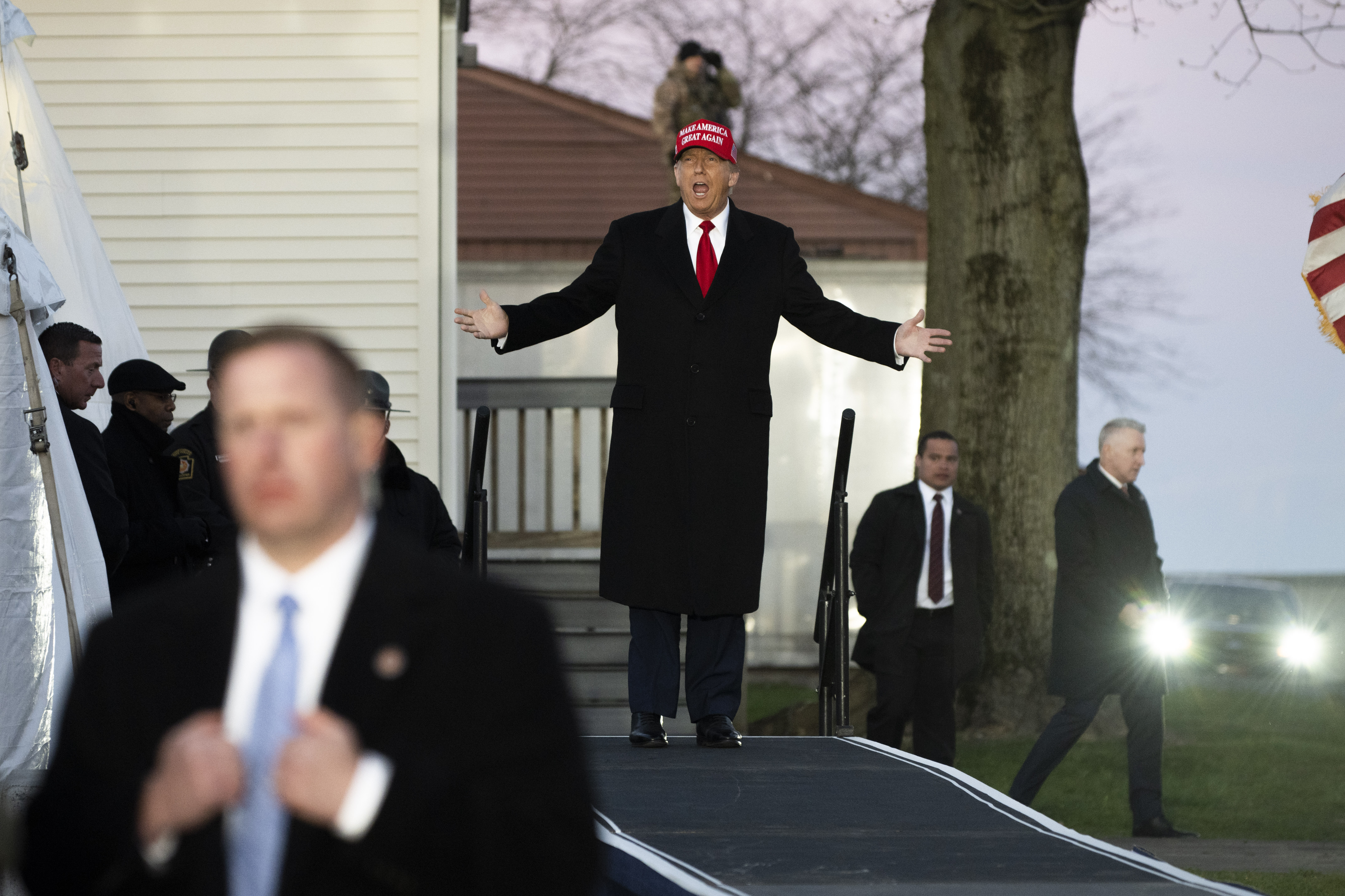 Former U.S. President Donald Trump arrives for a campaign event in Schnecksville, Pa., Saturday, April 13, 2024. (AP Photo/Joe Lamberti)