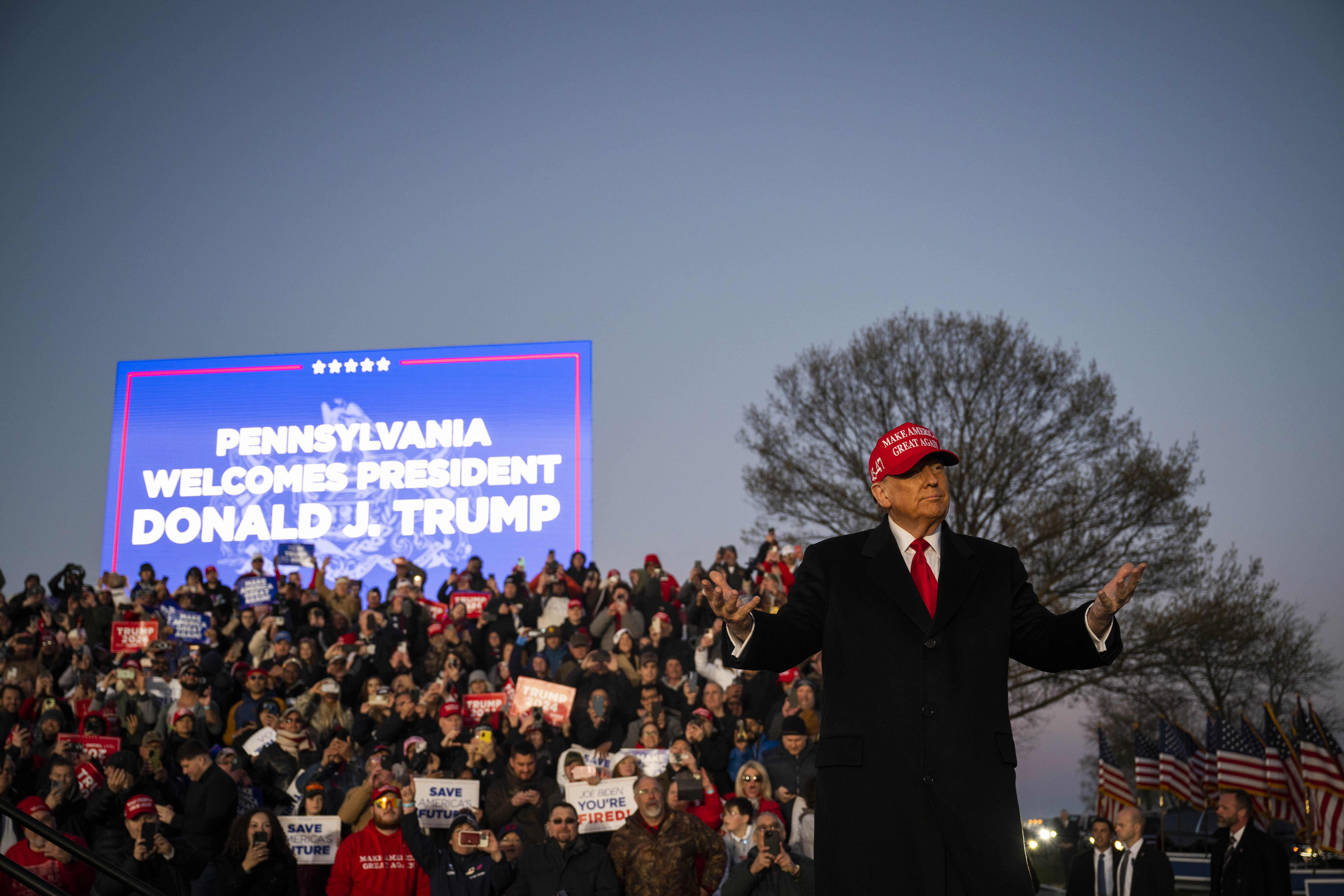 Former U.S. President Donald Trump speaks during a campaign event in Schnecksville, Pa., Saturday, April 13, 2024. (AP Photo/Joe Lamberti)