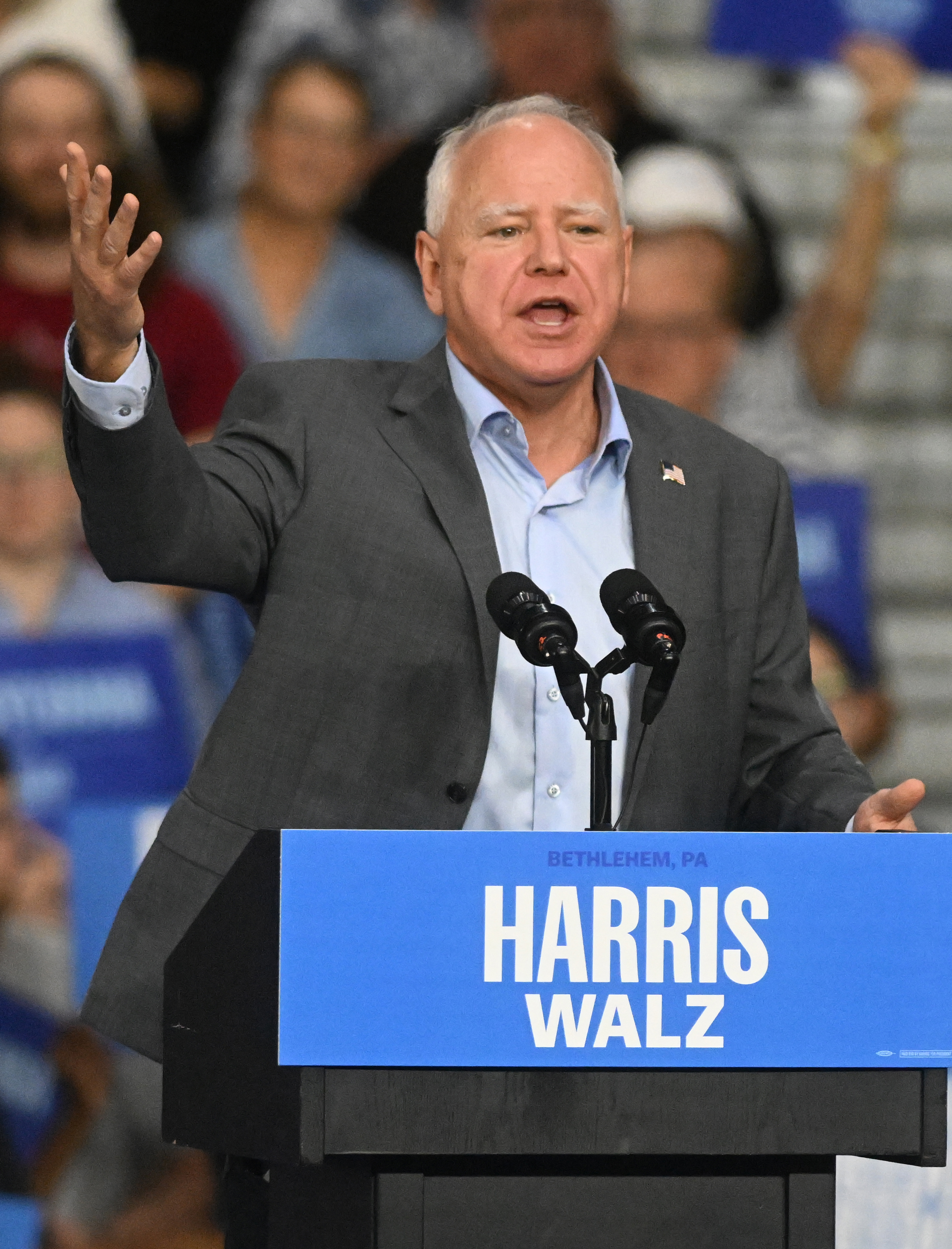 Democratic vice presidential nominee Gov. Tim Walz holds a rally on Saturday, Sept. 21, 2024, at Freedom High School in Bethlehem Township.(Amy Shortell/The Morning Call)