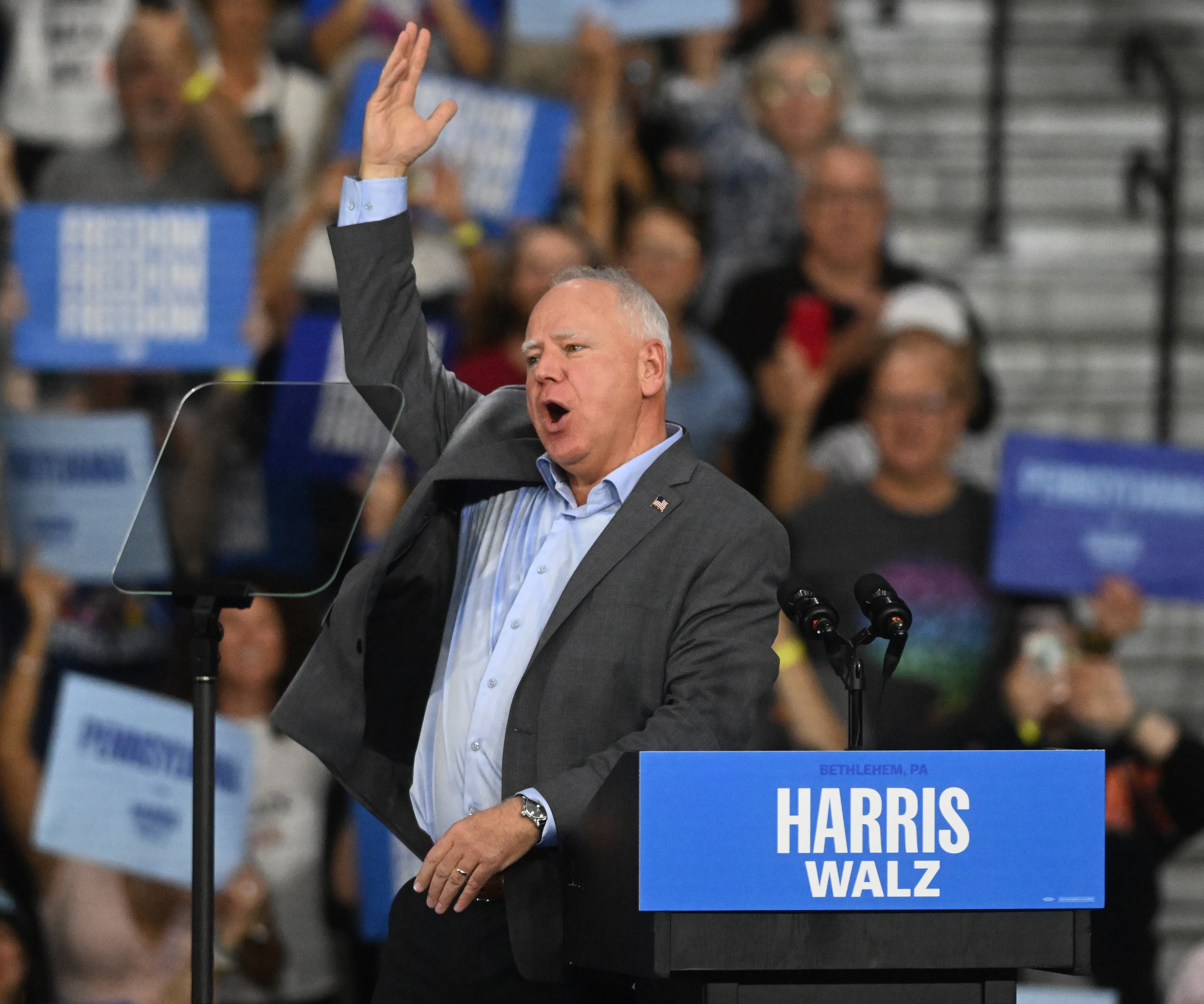 Democratic vice presidential nominee Gov. Tim Walz holds a rally on Saturday, Sept. 21, 2024, at Freedom High School in Bethlehem Township.(Amy Shortell/The Morning Call)(Amy Shortell/The Morning Call)