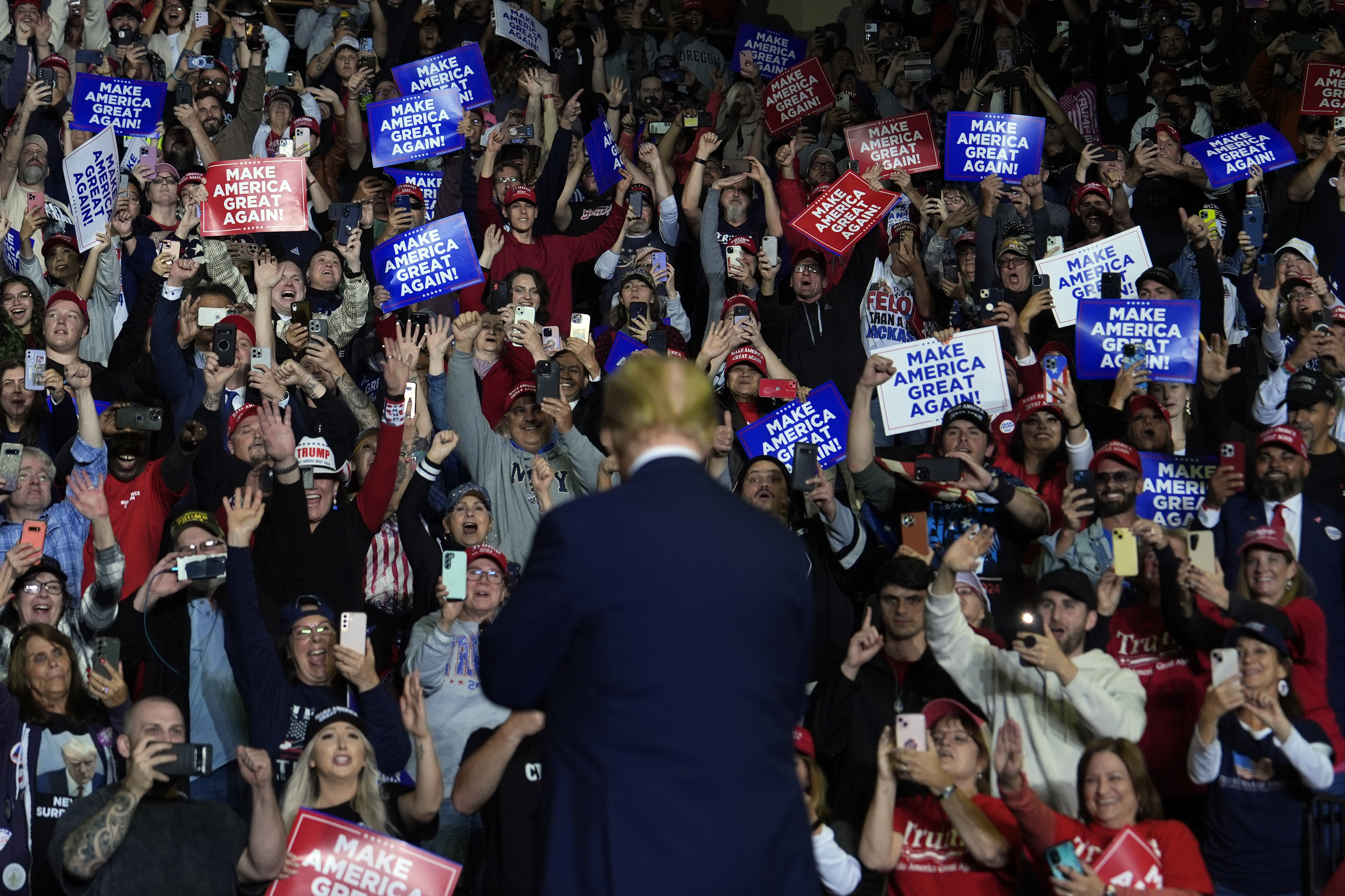 Republican presidential nominee former President Donald Trump looks at supporters at a campaign rally at PPL Center, Tuesday, Oct. 29, 2024, in Allentown, Pa. (AP Photo/Matt Rourke)