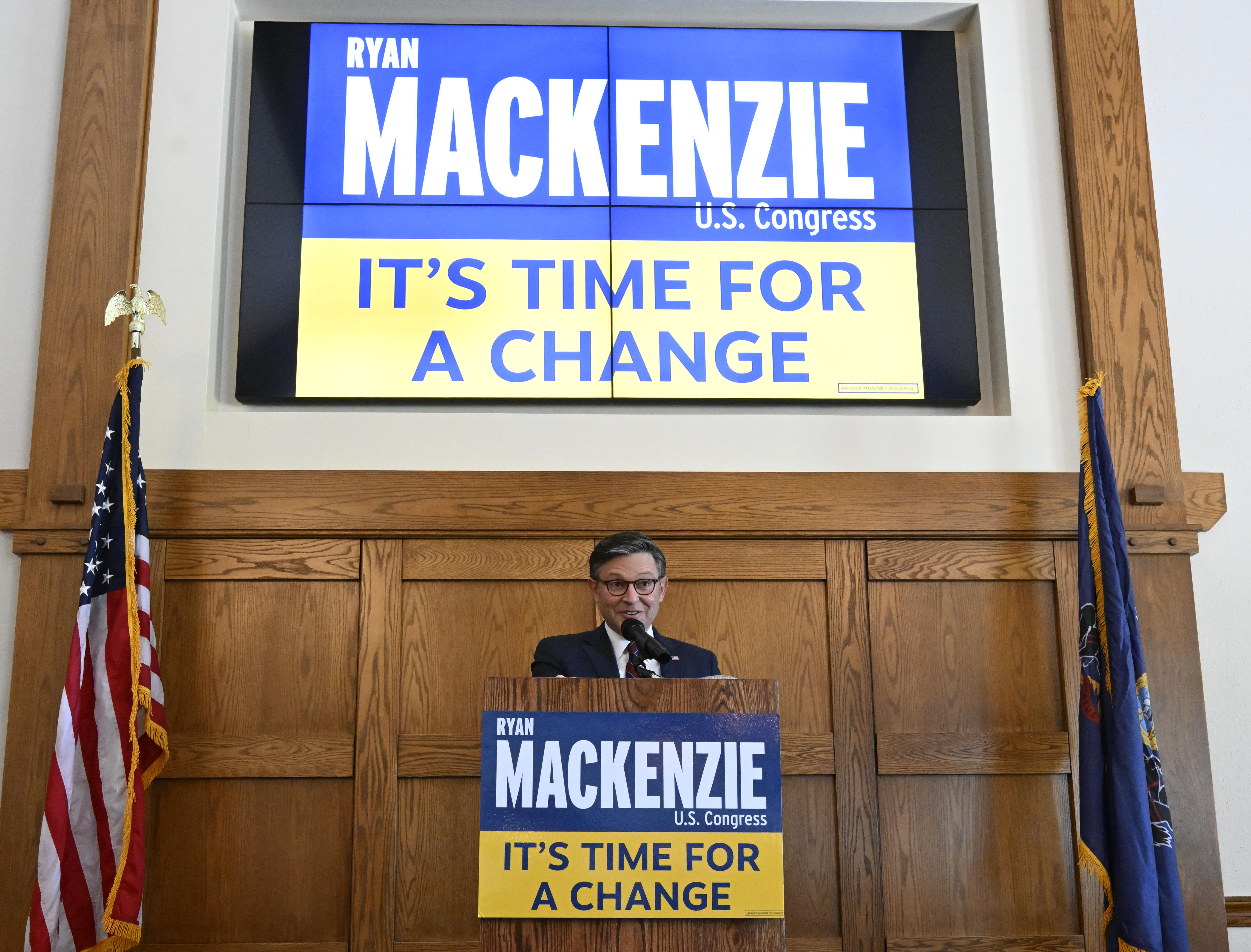 Speaker of the House Mike Johnson rallies Thursday, Oct. 10, 2024, in support of Republican congressional candidate state Rep. Ryan Mackenzie at the Steel Club in Lower Saucon Township. Mackenzie is challenging Democratic U.S. Rep. Susan Wild for the 7th Congressional District seat. (Monica Cabrera/The Morning Call)