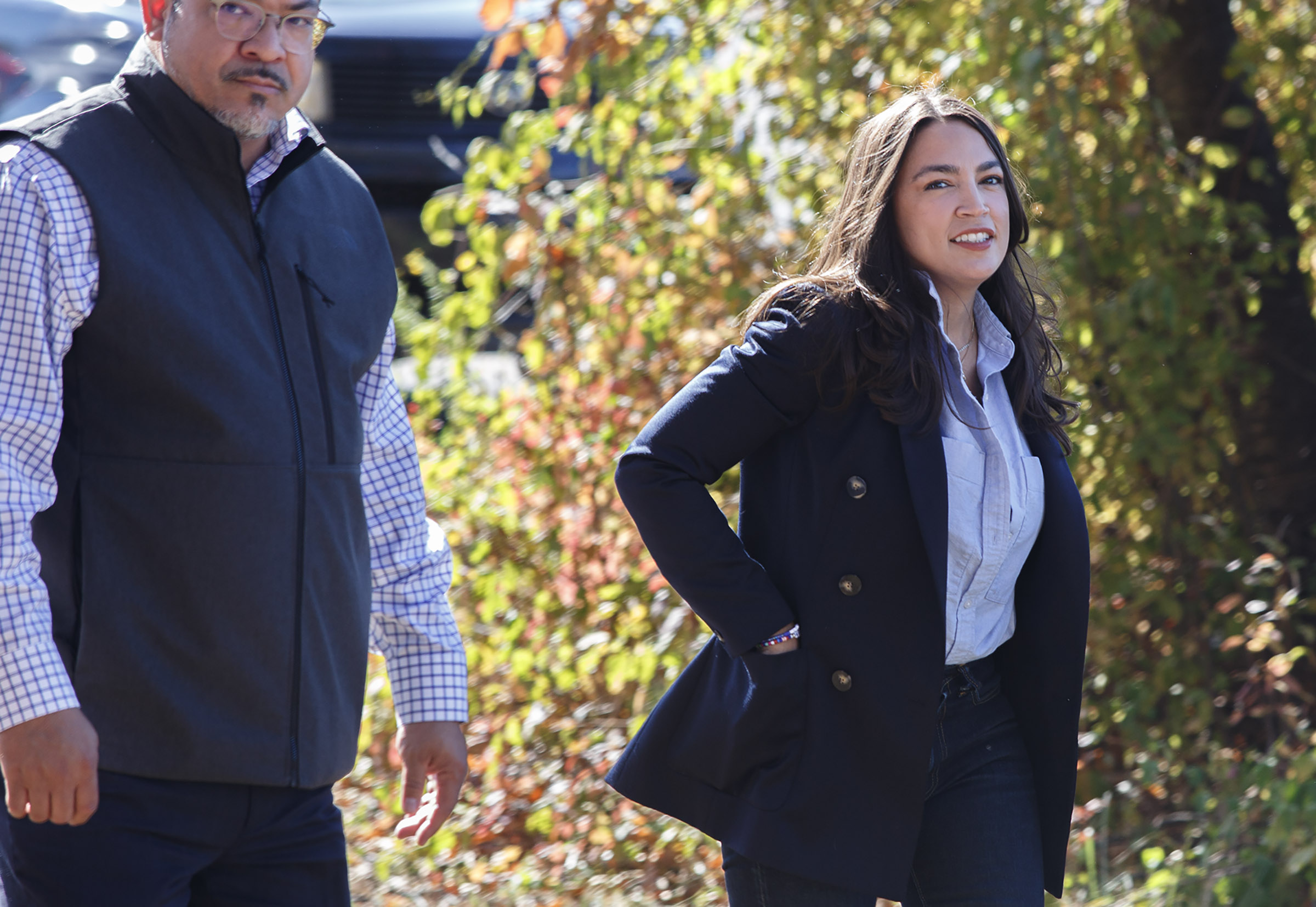 New York's Rep. Alexandria Ocasio-Cortez, D-14th, arrives in Allentown on Saturday, Oct. 19, 2024, to promote participation in voting. The canvass coincides with National Hispanic Heritage Month, and Allentown is a city where more than half of the population is Hispanic. Service Employees International Union, or SEIU, has knocked on 350,000 doors and counting, encouraging members to get out to vote and educating them on what is at stake in this election. (Jane Therese/Special to The Morning Call)