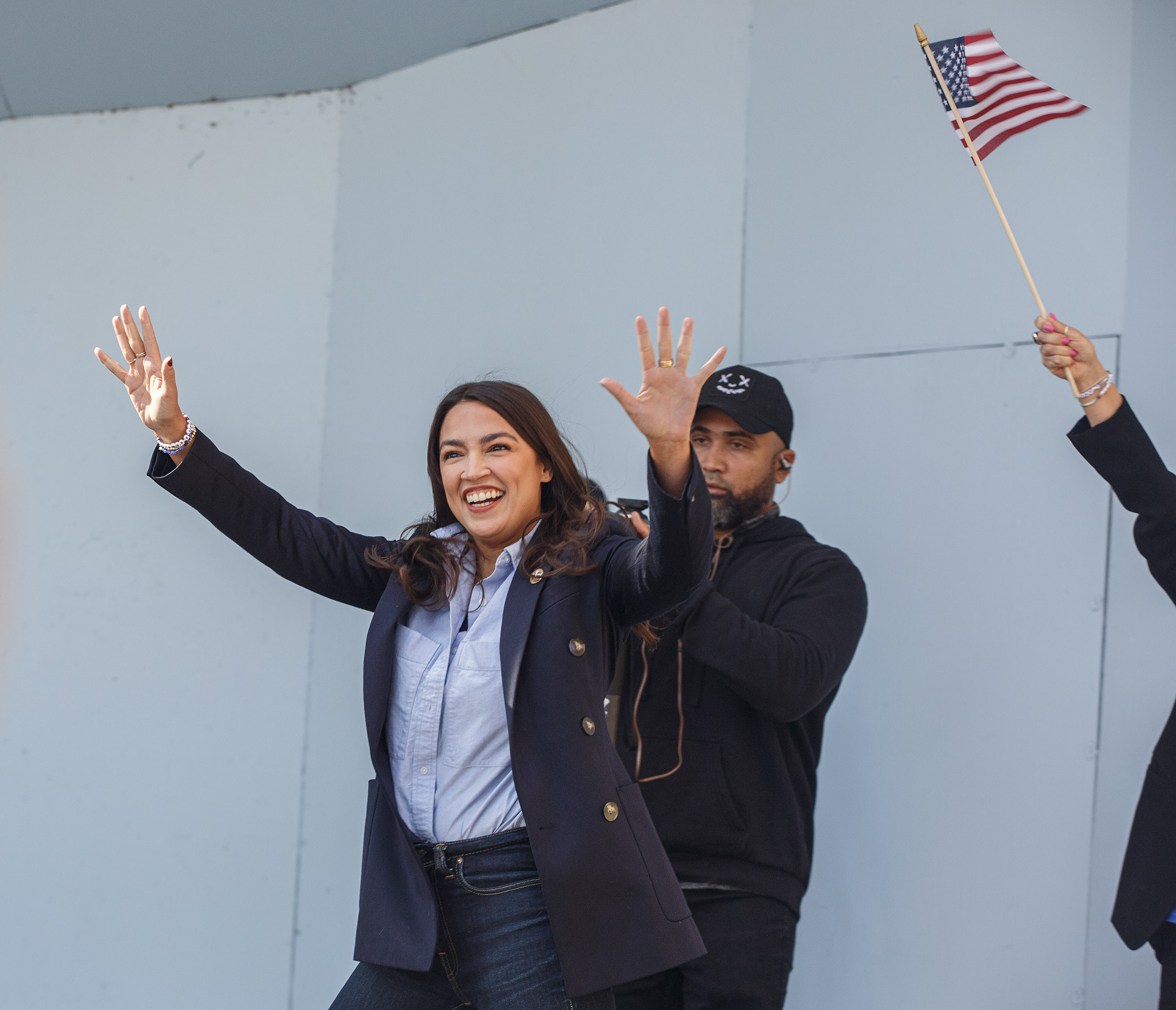 New York's Rep. Alexandria Ocasio-Cortez, D-14th, takes the stage in Allentown on Saturday, Oct. 19, 2024, to promote participation in voting. The canvass coincides with National Hispanic Heritage Month, and Allentown is a city where more than half of the population is Hispanic. Service Employees International Union, or SEIU, has knocked on 350,000 doors and counting, encouraging members to get out to vote and educating them on what is at stake in this election. (Jane Therese/Special to The Morning Call)