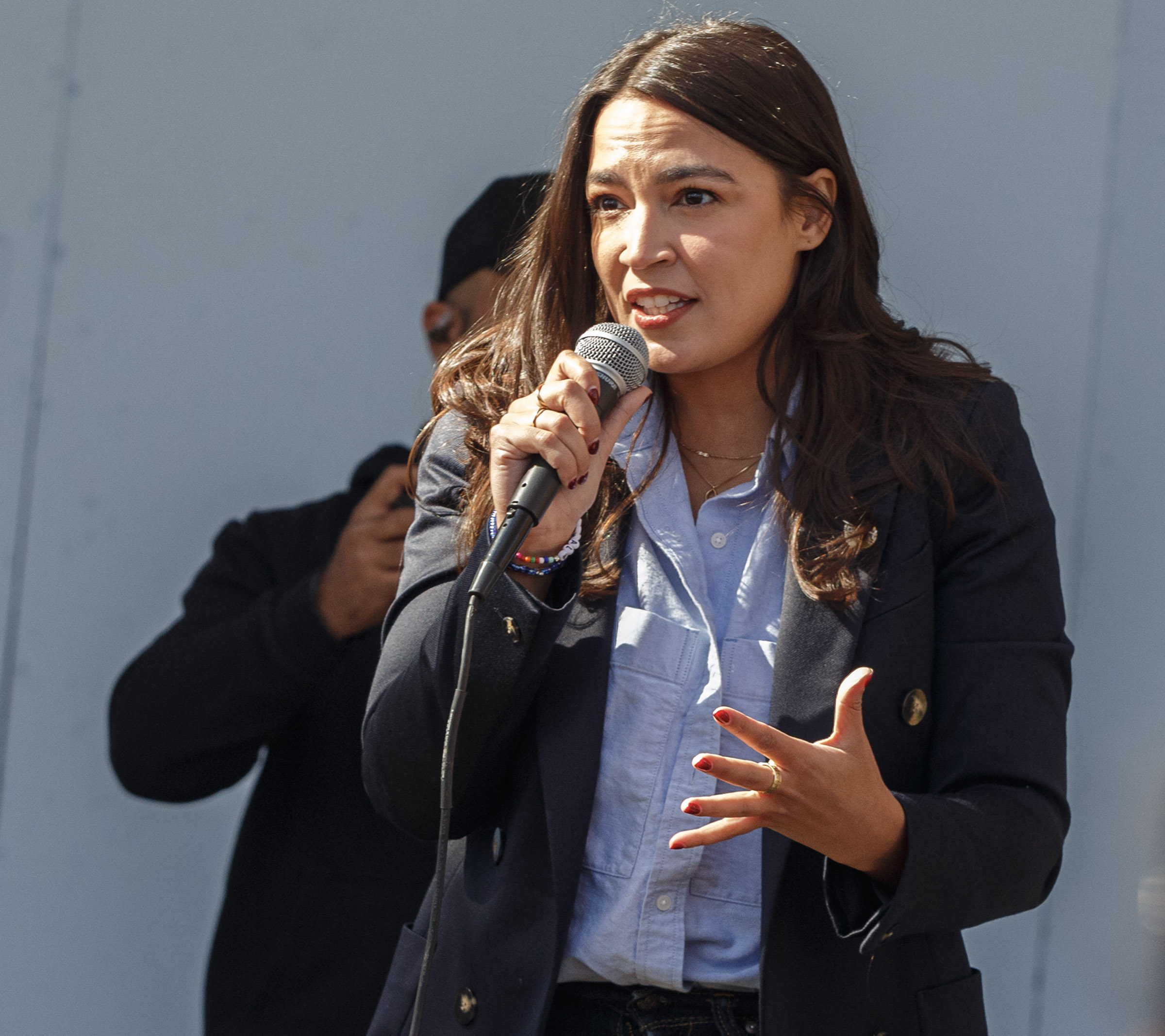 New York's Rep. Alexandria Ocasio-Cortez, D-14th, speaks in Allentown on Saturday, Oct. 19, 2024, to promote participation in voting. The canvass coincides with National Hispanic Heritage Month, and Allentown is a city where more than half of the population is Hispanic. Service Employees International Union, or SEIU, has knocked on 350,000 doors and counting, encouraging members to get out to vote and educating them on what is at stake in this election. (Jane Therese/Special to The Morning Call)