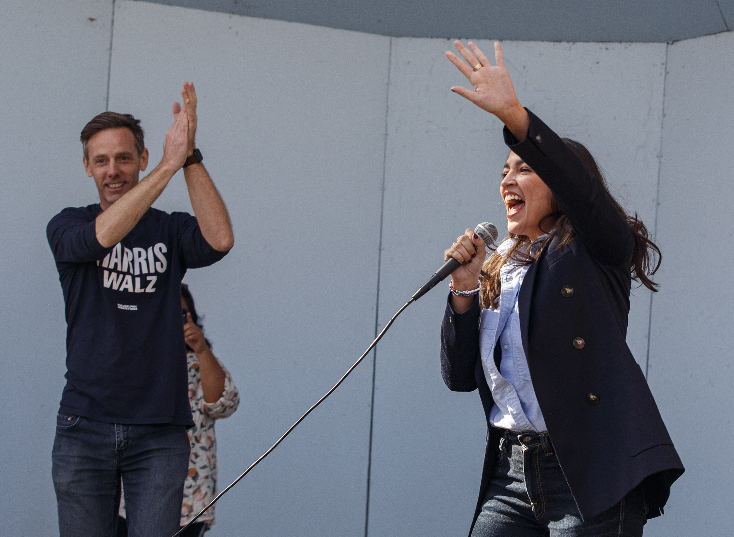 New York's Rep. Alexandria Ocasio-Cortez, D-14th, takes the stage in Allentown on Saturday, Oct. 19, 2024, to promote participation in voting. The canvass coincides with National Hispanic Heritage Month, and Allentown is a city where more than half of the population is Hispanic. Service Employees International Union, or SEIU, has knocked on 350,000 doors and counting, encouraging members to get out to vote and educating them on what is at stake in this election. (Jane Therese/Special to The Morning Call)