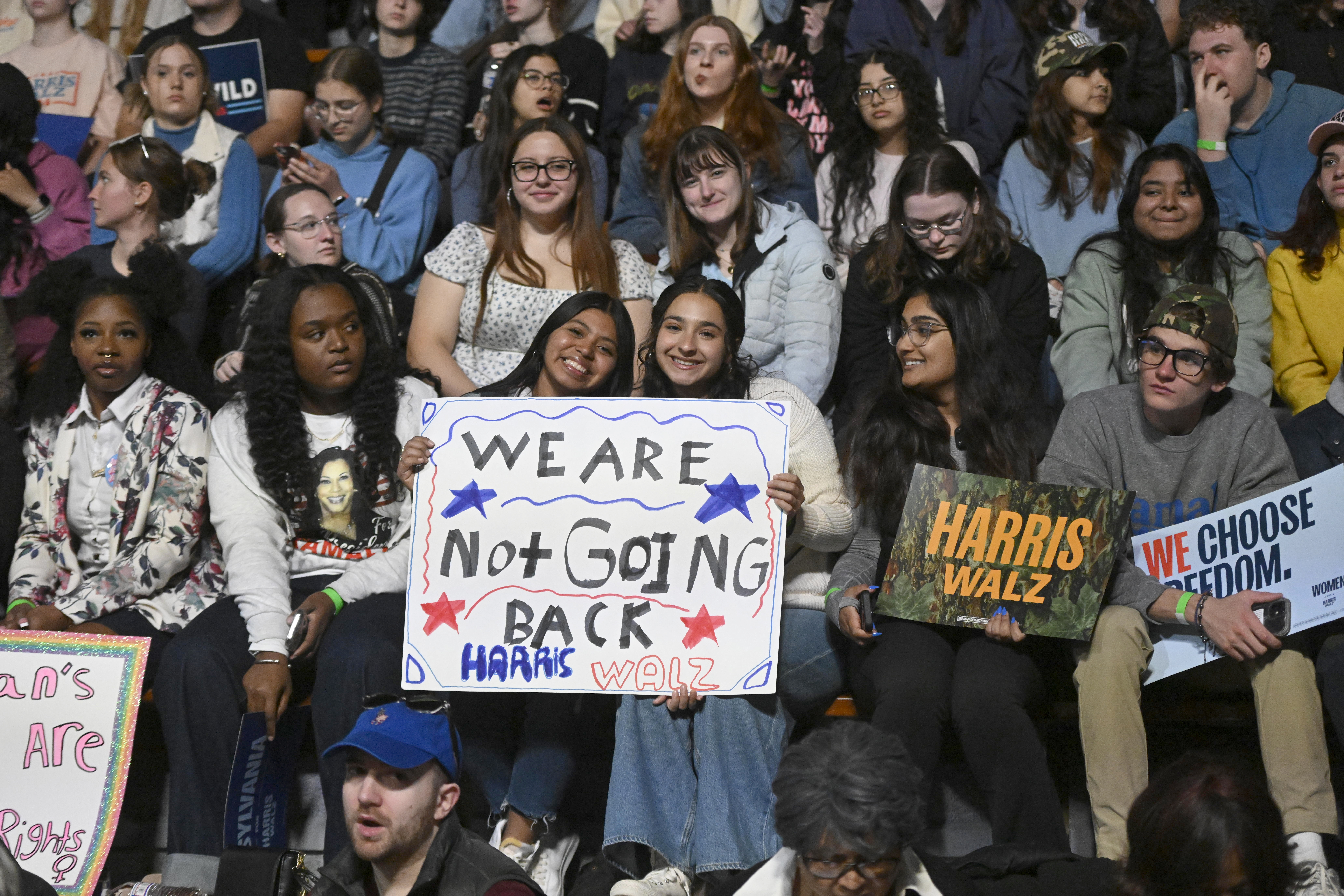 Bleachers fill up with supporters Monday, Nov. 4, 2024, just one day before the 2024 presidential election with Democratic presidential nominee Vice President Kamala Harris holding a rally at Muhlenberg College in Allentown. (Monica Cabrera/The Morning Call)