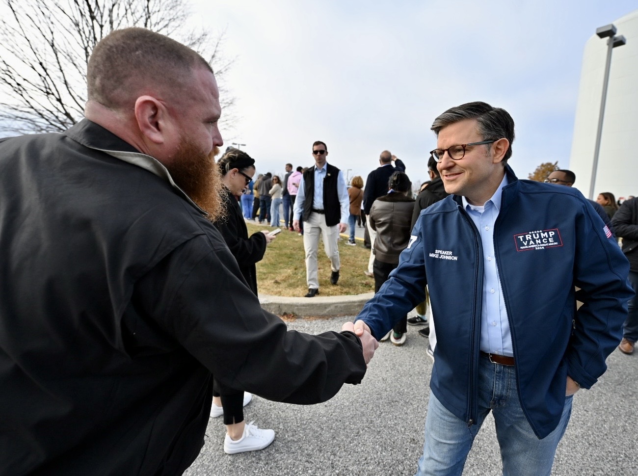 U.S. Speaker of the House Mike Johnson talks to voters Tuesday, Nov. 5, 2024, at Farmersville Elementary School in Bethlehem Township. (April Gamiz / The Morning Call)