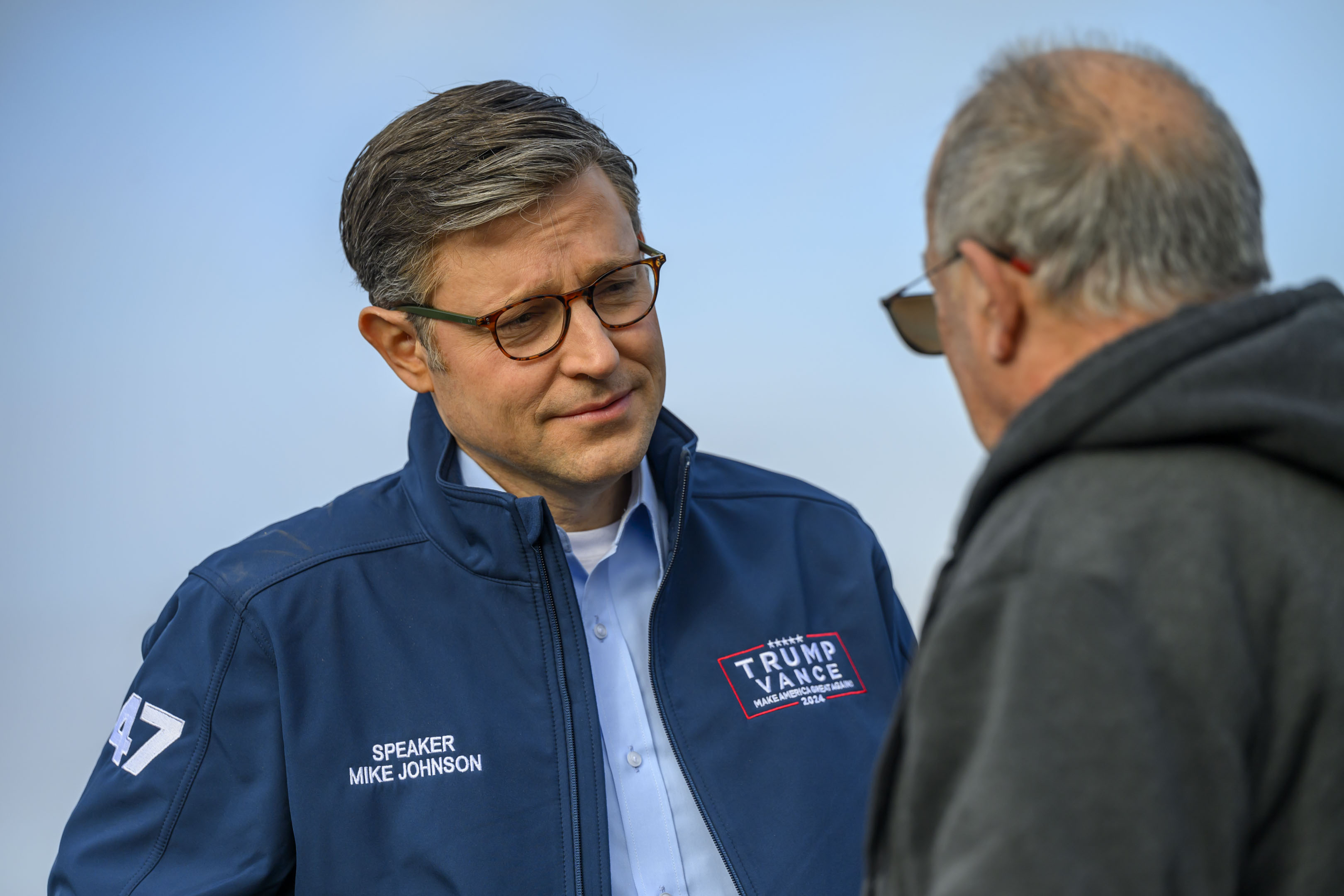 U.S. Speaker of the House Mike Johnson talks to voters Tuesday, Nov. 5, 2024, at Farmersville Elementary School in Bethlehem Township. (April Gamiz/The Morning Call)