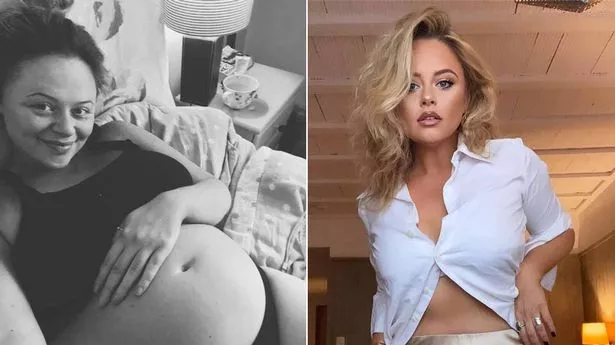 Emily Atack cradles her baby bump