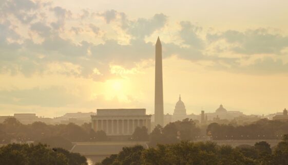 Washington DC skyline with sun and clouds in the morning